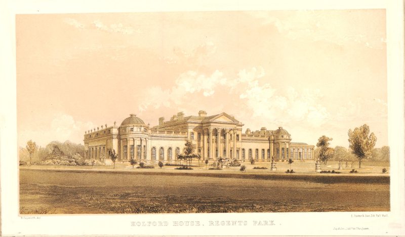 Holford House as extended south front c.1850 drawn by Wyatt Papworth. © The Trustees of the British Museum. Museum Number 1880,1113.4696